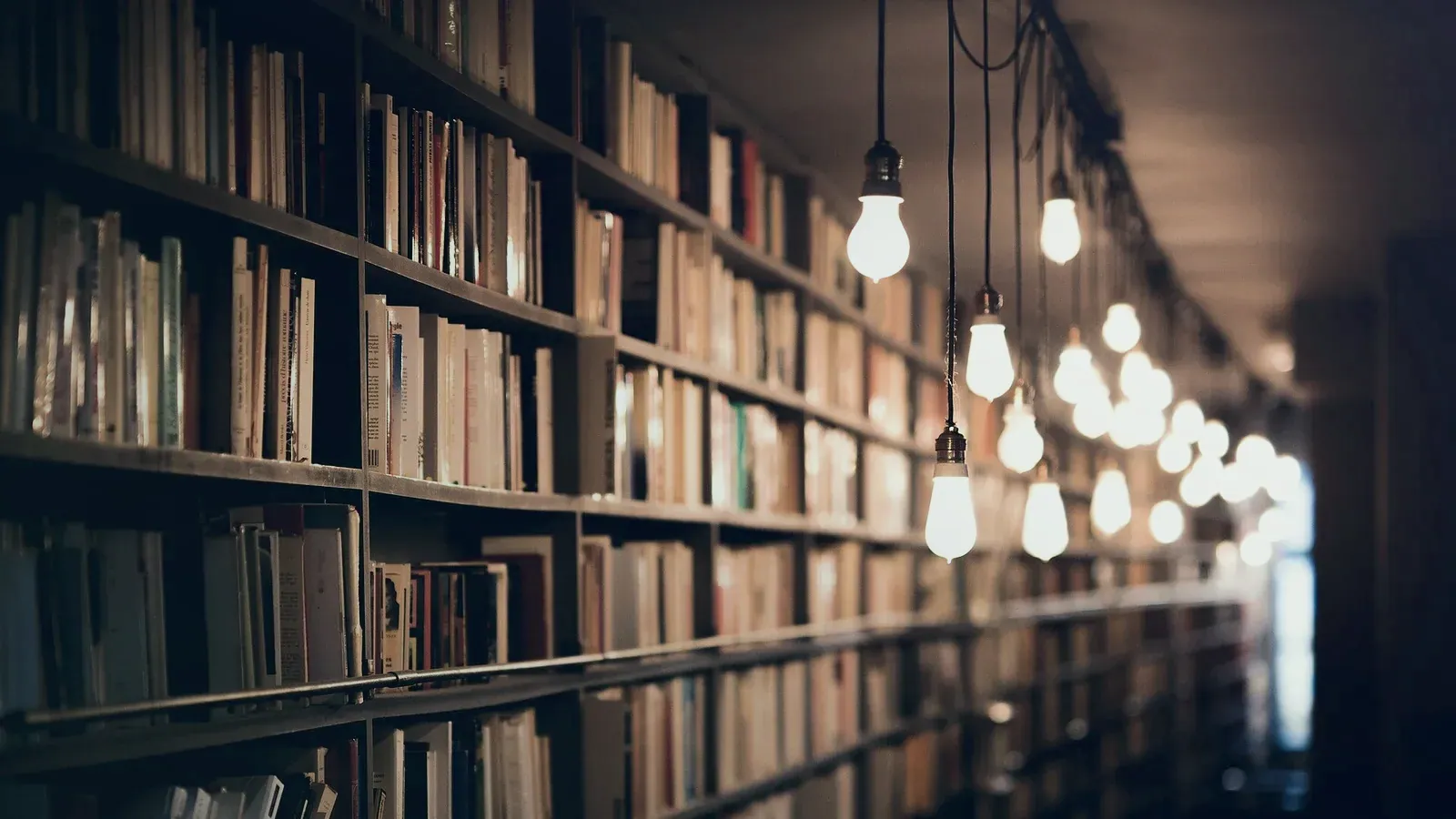 Longue allée de bibliothèque bordée de rayonnages et d’ampoules suspendues