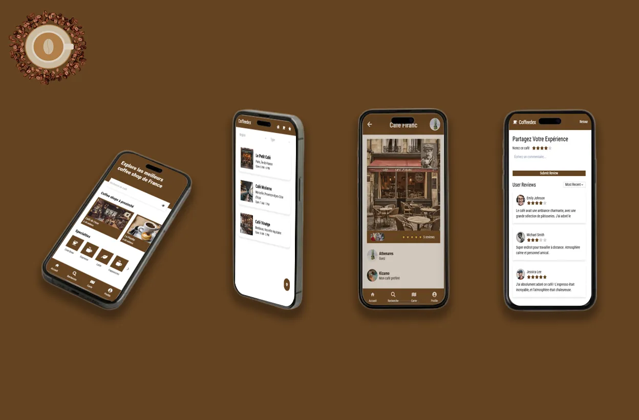 Maquettes des quatre écrans de l’application Coffeedex, carnet de découverte de cafés de spécialité, application développée par Ambriel
