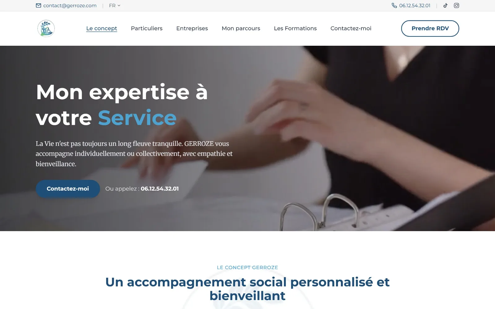 Page d’accueil du site Gerroze, assistante sociale indépendante spécialisée handicap, retraite et aidance, réalisé par Ambriel