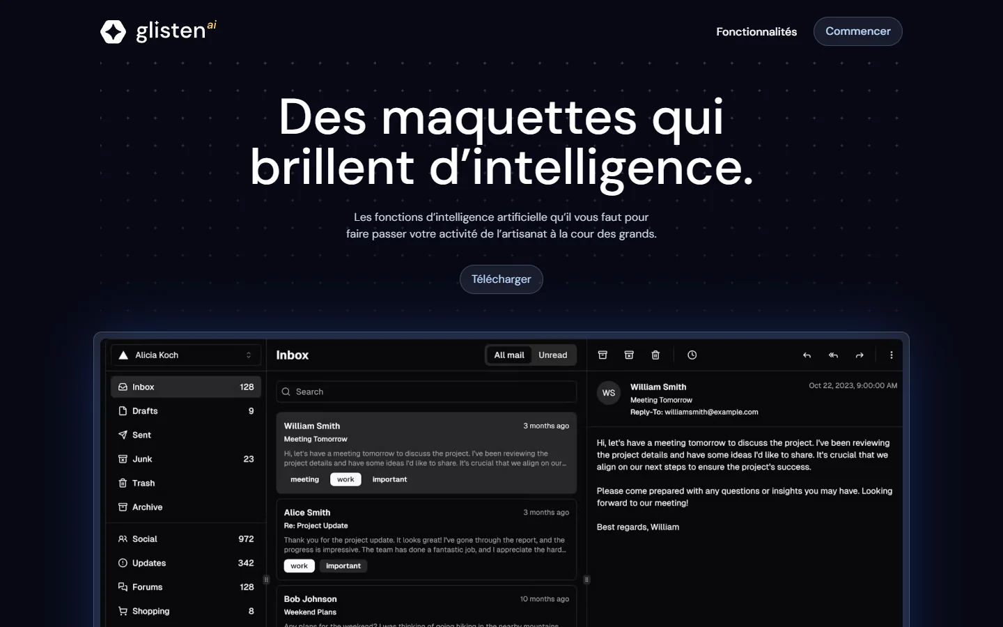 Page d’accueil du site Glisten.ai, éditeur de logiciel de conception, gabarit open source dont Ambriel a réécrit tout le contenu en français depuis son gestionnaire de contenu
