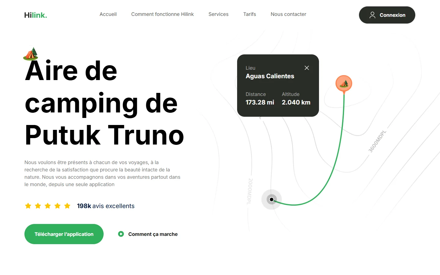 Page d’accueil du site Hilink, application de randonnée et de camping, gabarit open source dont Ambriel a réécrit tout le contenu en français