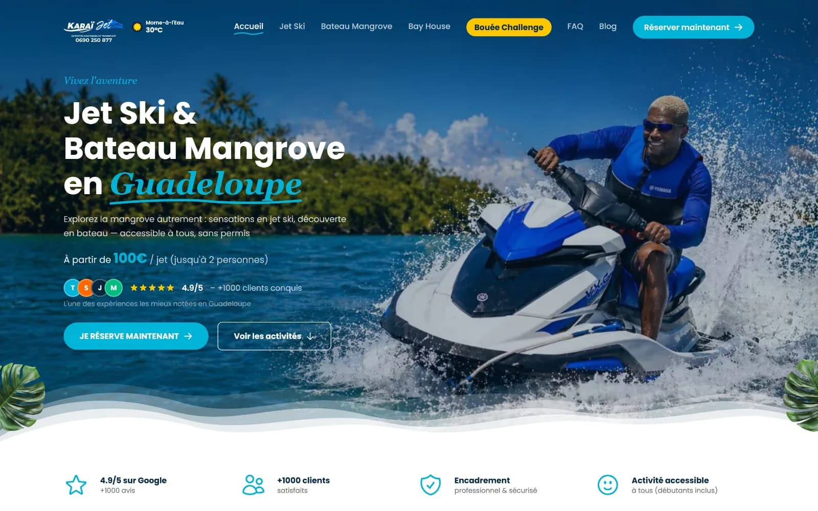 Page d’accueil du site KaraïJet, jet ski et balades en bateau dans la mangrove en Guadeloupe, réalisé par Ambriel