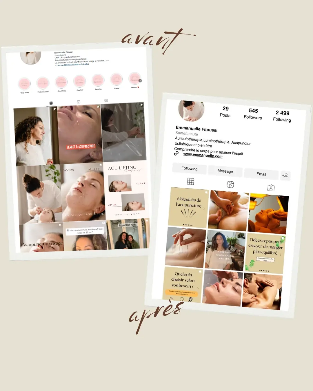 Comparaison avant et après d’un compte Instagram du secteur bien-être : à gauche une grille de publications hétérogène, à droite une grille de neuf visuels harmonisée en tons sable, beige et terracotta avec titres manuscrits