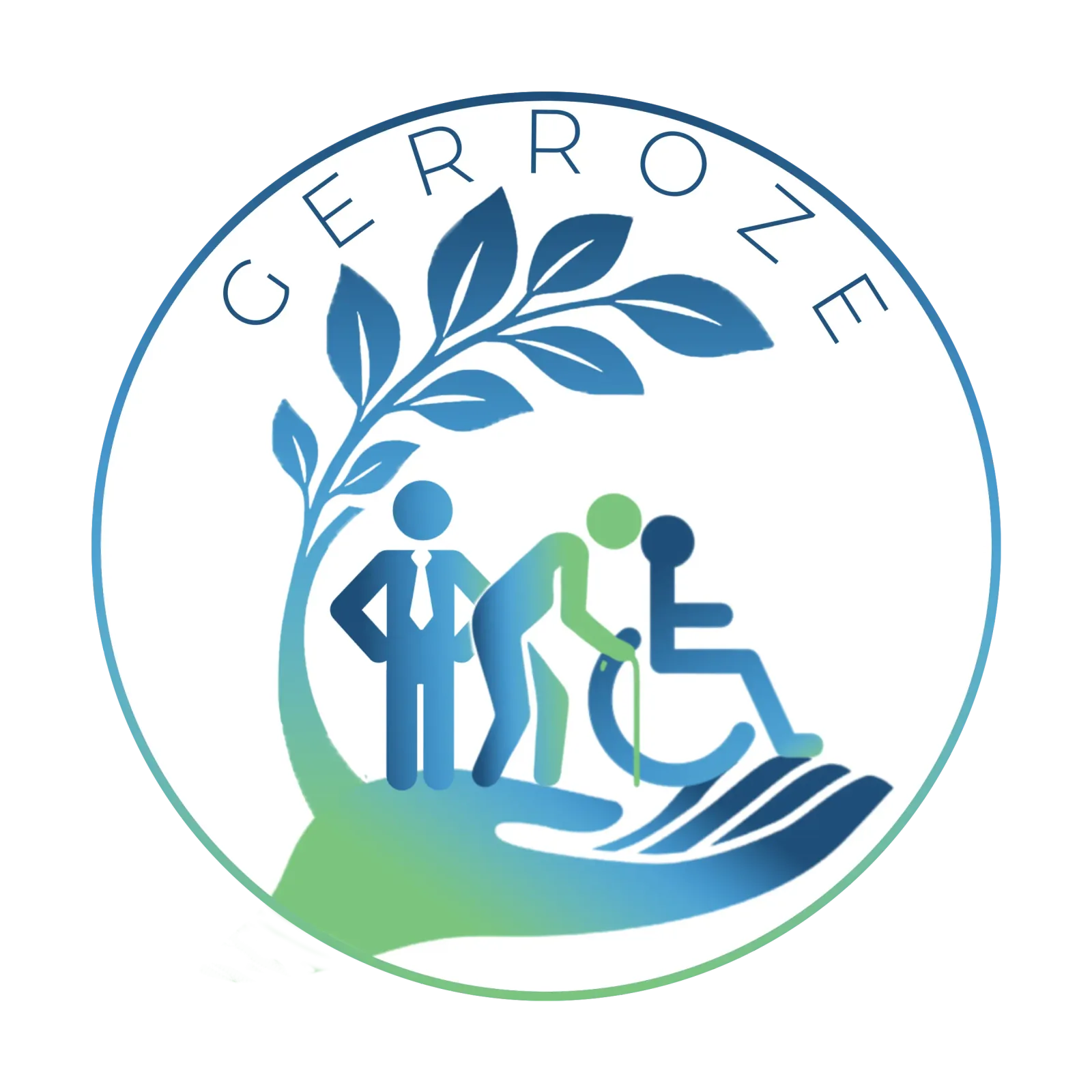 Logo Gerroze : médaillon rond où une main ouverte porte trois silhouettes, un professionnel, une personne âgée avec canne et une personne en fauteuil roulant, surmontées d’une branche feuillue, en dégradé de bleu et de vert