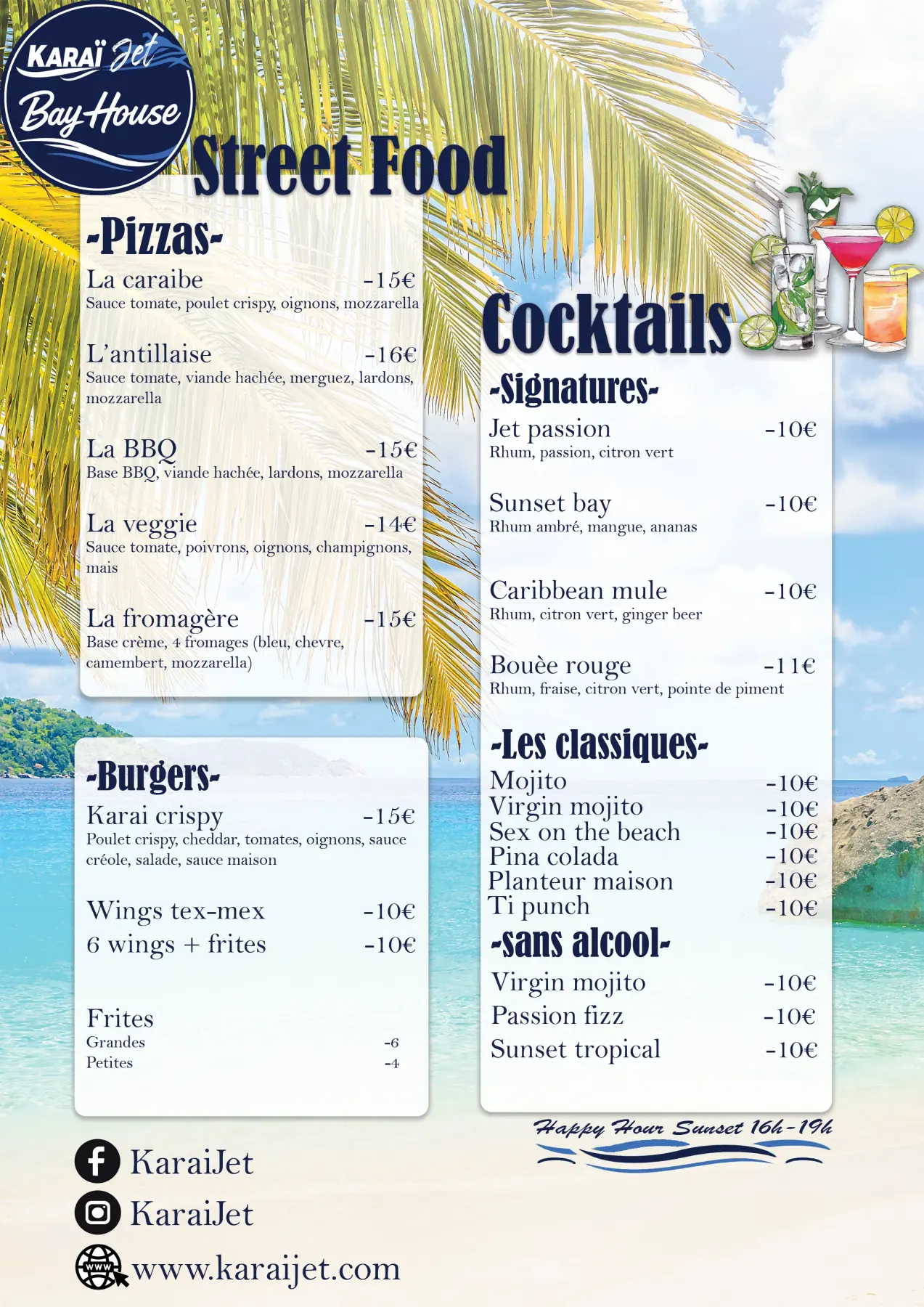 Carte de restaurant KaraïJet Bay House sur fond de lagon et de palmier, présentant les pizzas, burgers et cocktails signature dans des blocs blancs translucides, avec les réseaux sociaux et l’adresse du site en pied de page