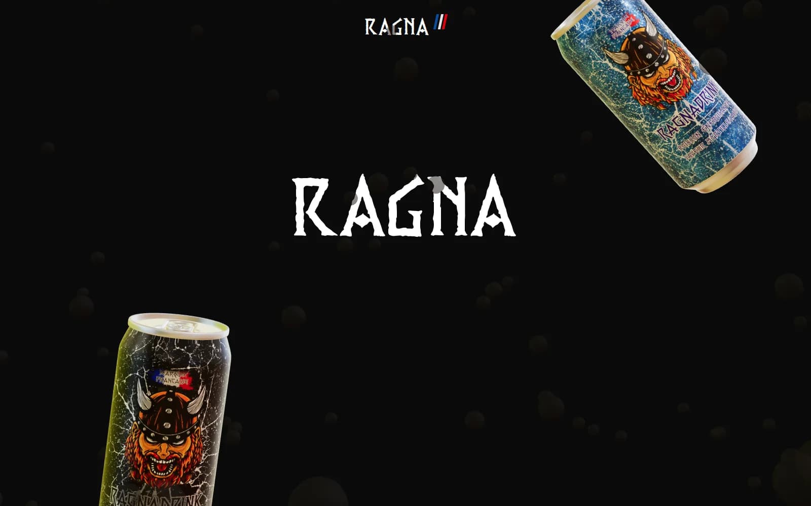 Deux canettes RAGNA en rotation sur fond noir, rendu en trois dimensions temps réel dans le navigateur, démonstration technique réalisée par Ambriel