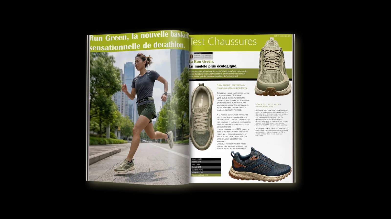 Double page de magazine ouverte présentant un test de chaussures de running : photographie pleine page d’une coureuse en ville à gauche, détourages de deux modèles de baskets et colonnes de texte descriptif à droite