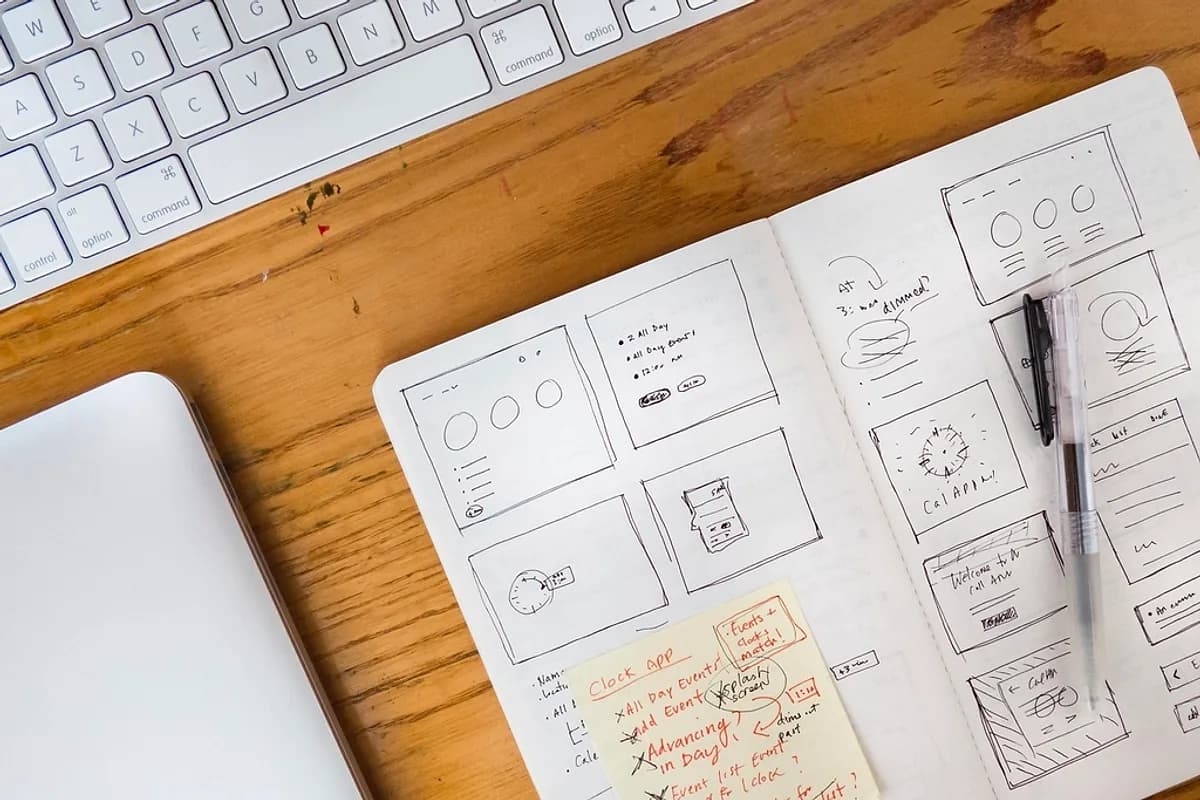 Carnet de croquis posé sur un bureau en bois avec les maquettes des pages d'un futur site internet, à côté d'un clavier d'ordinateur